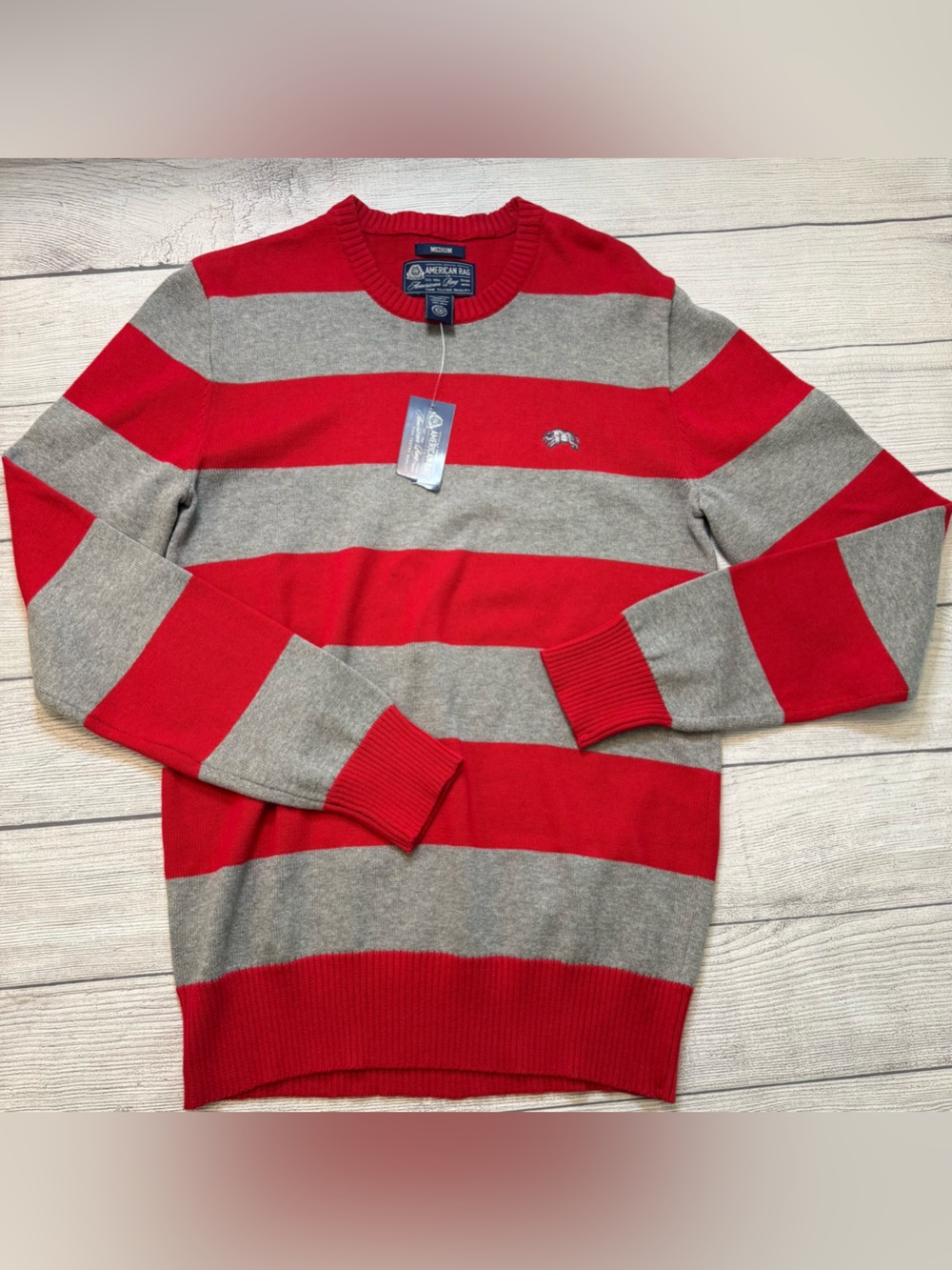 American Rag Striped Crewneck Sweater in Red and Gray - Classic Men’s Knit